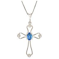 Blue Topaz and Diamond Venetian Cross Pendant Necklace 0.45ct in 9ct White Gold