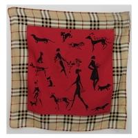 BNWT Burberry London Size Small 100% Silk Scarf With Rolled Edges Ladies walking Dogs Crimson Red