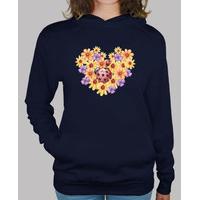 bouquet of flowers, woman, hooded sweater, navy