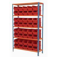 boltless steel shelving with 40 red small parts containers