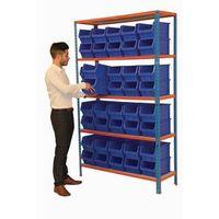 BOLTLESS STEEL SHELVING WITH 40 BLUE SMALL PARTS CONTAINERS