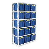 BOLTLESS SHELVING GALVANISED WITH 15 BLUE CONTAINERS