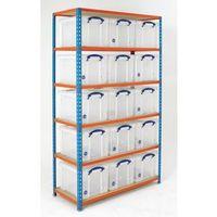 BOLTLESS SHELVING PAINTED WITH 15 CLEAR CONTAINERS
