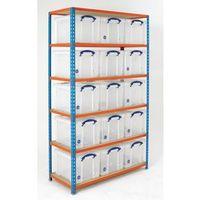 boltless shelving painted with 15 clear containers