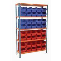 boltless steel shelving with 20 blue and 20 red small parts containers