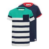 Boys 100% cotton short sleeve green stripe pattern and navy colour block t-shirt two pack - Navy