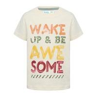 Boys cream round neck short sleeve wake up and be awesome painted effect slogan cotton t-shirt - Cream