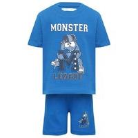 Boys short sleeve round neck blue monster design and logo top and shorts pyjama set - Blue