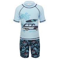 Boys short sleeve high neck surf beach graphic tropical print rash guard top and shorts swim set - Blue