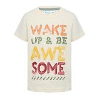 Boys cream round neck short sleeve wake up and be awesome painted effect slogan cotton t-shirt - Cream