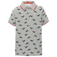 Boys 100% cotton short sleeve grey marl red trim collar dinosaur print polo shirt - Grey Marl