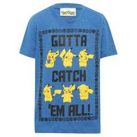 Boys Pokemon Pikachu Character Gotta Catch Em All Slogan Print Short Sleeve Cotton T-Shirt - Royal Blue