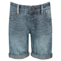 Boys 100% cotton blue adjustable waistband zip fly turn up hem denim shorts - Scroll White