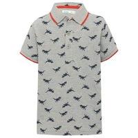 Boys 100% cotton short sleeve grey marl red trim collar dinosaur print polo shirt - Grey Marl