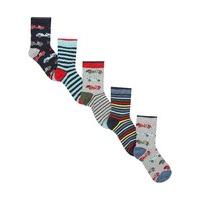 Boys cotton rich stretch multi-coloured stripe pattern racing car print ankle socks five pack - Multicolour