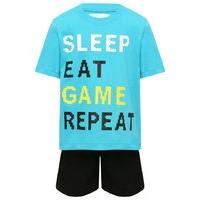 Boys blue short sleeve sleep eat game repeat slogan t-shirt with plain black shorts gamer pyjama set - Multicolour