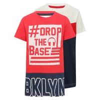 Boys 100% cotton short sleeve multi-coloured chevron stripe Brooklyn slogan t-shirts two pack - Red