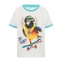 Boys 100% cotton white ringer style Blue trimmed crew neck parrot print slogan t-shirt - White