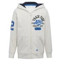 Boys oatmeal and navy long sleeve zip up front track side slogan hooded sweater - Oatmeal