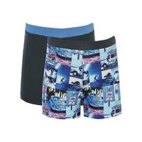 Boys vintage campervan print and plain pull on contrast waistband summer swimming trunks - 2 pack - Navy