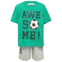 Boys green short sleeve crew neck awesome slogan with grey marl stretch waistband shorts pyjama set G - Green