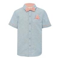 Boys Kite and Cosmic light blue cotton linen blend short sleeve button down shirt and bow tie set - Light Blue