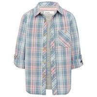 Boys cotton rich grey pink checked long sleeve shirt with grey skate slogan print crew neck t-shirt - Blue