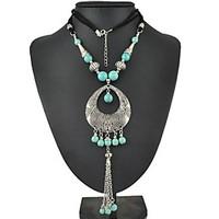 bohemia carving and turquoise water drop long chain necklace