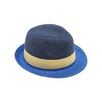 boys blue colour block design stripe summer straw trilby sun hat blue