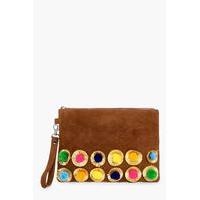 Boutique Pom Trim Suede Clutch - tan