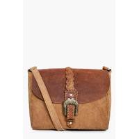 Boutique Leather & Suede Buckle Cross Body Bag - tan