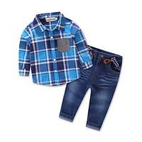Boys\' Going Out Casual Party Plaid Sets Long Sleeve Shirt Baby Kids Clothing Jeans Belt Pants Set