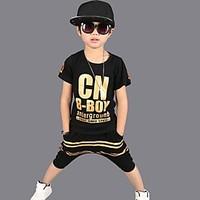 Boy\'s Cotton Fashion Pure Cotton Round Collar Gold Lettering Printing Short Sleeve Harlan Shorts Street Dance Eng Two-Piece Outfit