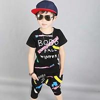 Boy\'s Cotton Fashion Pure Cotton Round Collar Decals Printing Short Sleeve Harlan Shorts Street Dance Eng Two-Piece Outfit