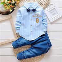 Boy\'s Cotton Spring/Autumn Fashion Stripes Embroidered Casual Long Sleeve Shirt And Jeans Pants Two-piece Set