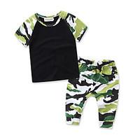 Boys\' kid Casual/Daily Formal Sports Striped Print Geometric SetsCotton Summer Short Sleeve Pants Camouflage Clothing Set