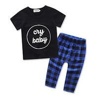 Boy Leisure Suit Kids Letter Printing Short Sleeve Cottom T-shirt Lattice Long Pants Baby Clothing Set