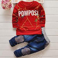 Boy Fashion Autumn New Round Collar Letter Head Top And Denim Trousers Two-Piece Shirt