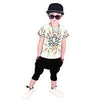 Boy\'s Fashion Going out Casual/Daily/Sports Print Cotton Summer Short Sleeve Middle Pants 2 Piece Clothing Set Children\'s Garments