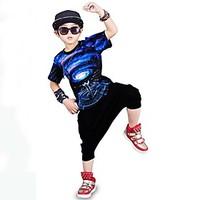 Boy\'s Cotton Fashion Pure Cotton Round Collar Printing Short Sleeve Harlan Shorts Street Dance Two-Piece Outfit