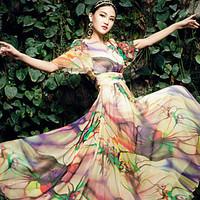 BORME Women\'s Round Neck Bohemia Floral Print Maxi Dress-W025