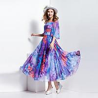 BORME Women\'s Round Neck 1/2 Length Sleeve Bohemia Floral Print Maxi Dress-J396