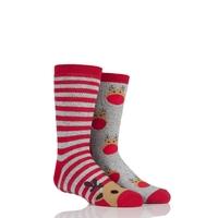 Boys and Girls 2 Pair Christmas Novelty Reindeer Slipper Socks with Grip