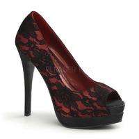 Bordello Bella-16 Peep-Toe Red Satin Black Lace Pattern Platform Shoes