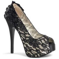 Bordello Teeze-19 Champagne And Black Ruffled Peep-Toe Platform Court Shoes