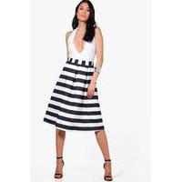 Box Pleat Striped Midi Skirt - black