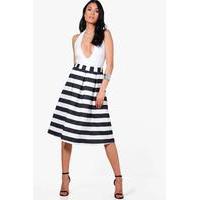 box pleat striped midi skirt black