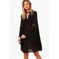 boutique ava embroidered wide sleeve swing dress black