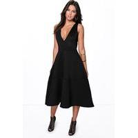 Bonded Scuba Plunge Skater Dress - black