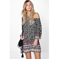 border print off the shoulder dress multi